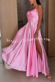 Solid Color Suspender Back Pleated Elegant Slit Full Hem Maxi Dress
