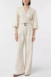 Lets Go Out Linen Blend Balloon Sleeve Wrap Tie-up Loose Top