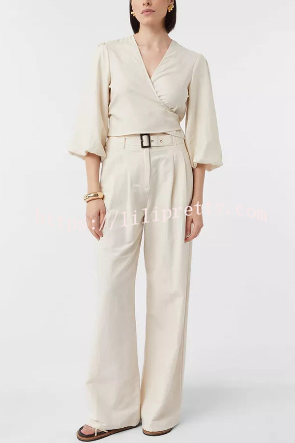 Lets Go Out Linen Blend Balloon Sleeve Wrap Tie-up Loose Top