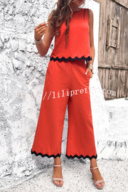 Lilipretty Wave Trimmed Round Neck Buttoned Elastic Waist Pants Suit