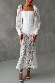 Timeless Moment Floral Lace Square Neck Button Up Balloon Sleeve Top