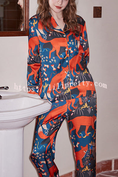 Fox Camping Print Home Long Sleeve Two Piece Set
