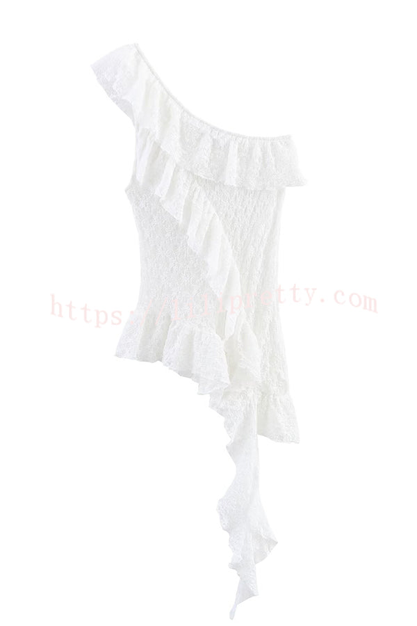 Solid Color Lace One Shoulder Ruffled Slim Fit Top