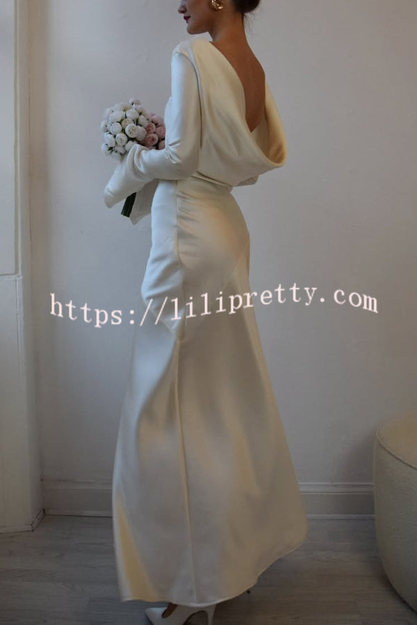 Satin Elegant Long-sleeved Open-back Slim-fit Slit Maxi Dress