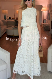 Nice Try Embroidered Crochet Lace Tassle Trim Elastic Waist Midi Skirt