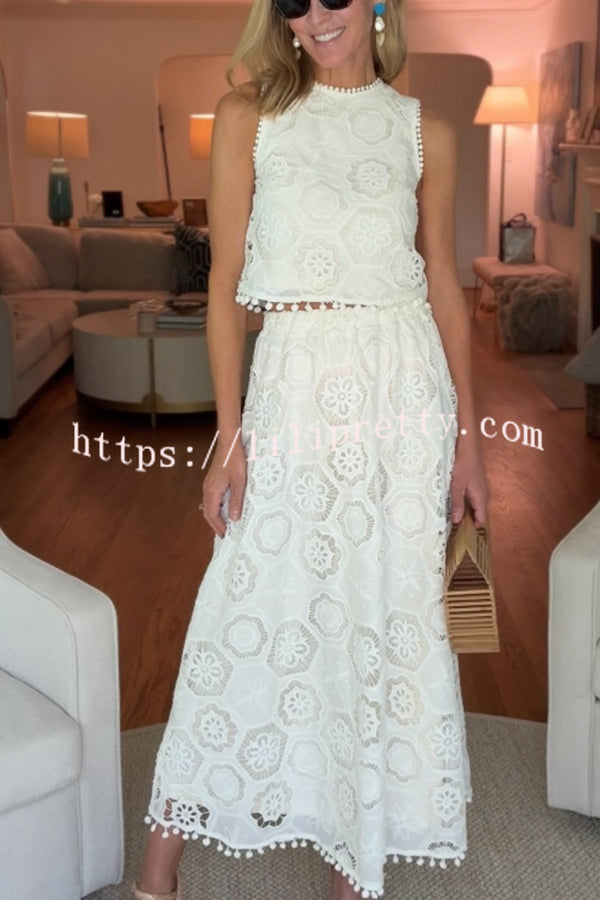 Nice Try Embroidered Crochet Lace Tassle Trim Elastic Waist Midi Skirt