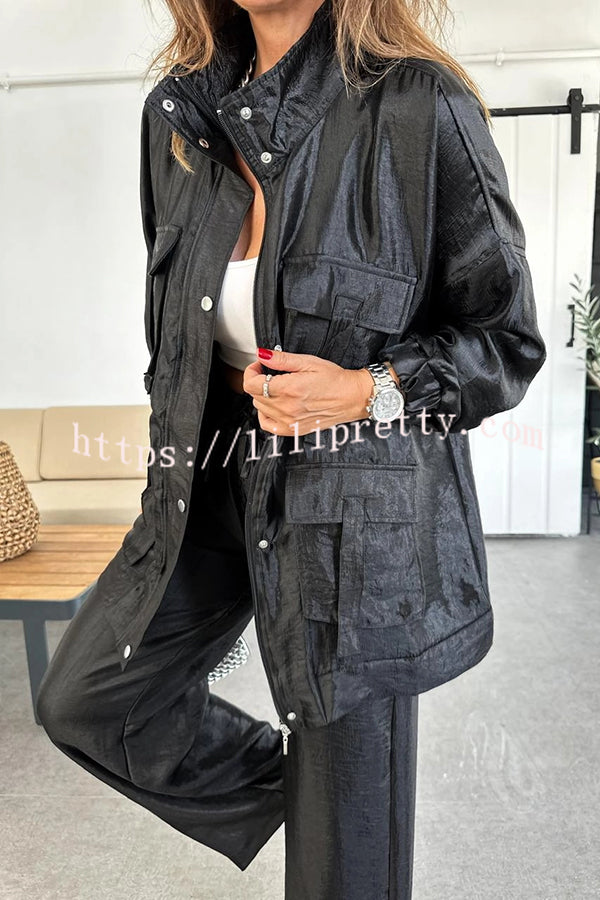 Easy on Me Metallic Fabric Flap Pocket Cargo Style Zipper Loose Jacket