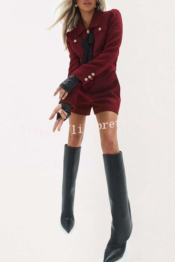 Sweet Dreams Tweed Bow Neck Button Long Sleeve Pocket Crop Jacket