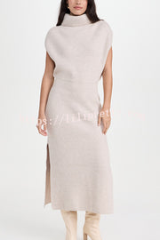 Solid Color Sleeveless Knitted Elegant Waist Midi Dress