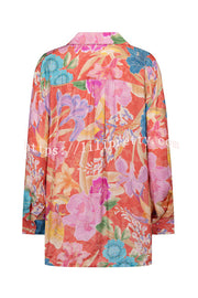 Painter's Garden Boho Floral Print Button Long Sleeve Relaxed Blouse