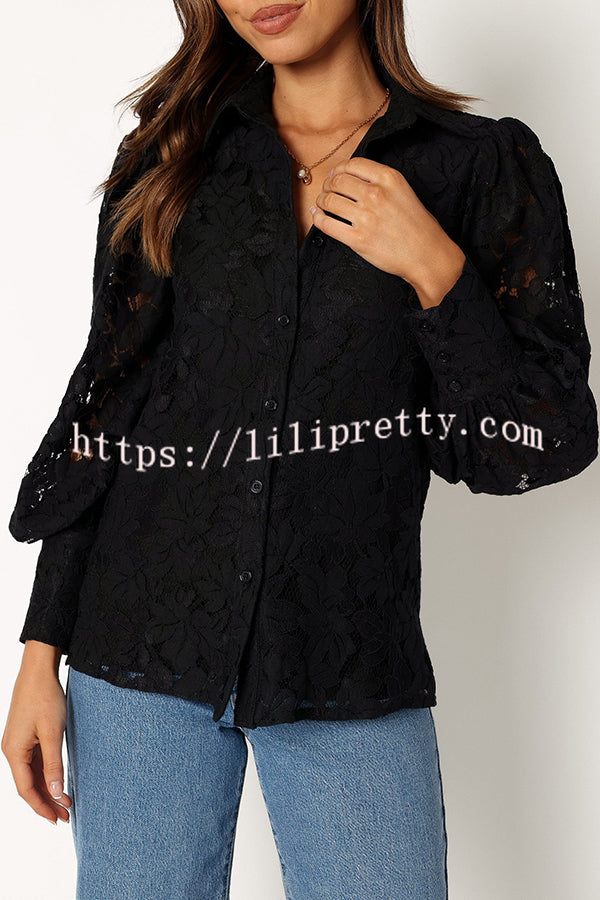 Sexy Hollow Lapel Casual Lace Shirt Top