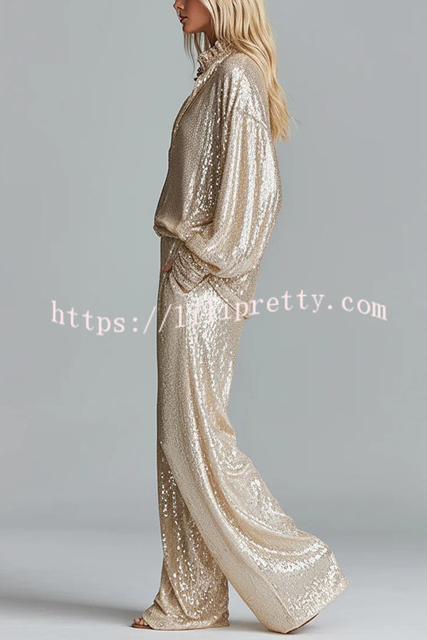 Glamorous Day Sequin Half Zip Loose Shirt and Elastic Waist Pocket Wide Leg Pants Set