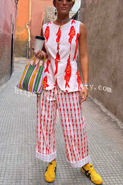 Good Luck Linen Blend Koi Pattern High Rise Elastic Waist Loose Pants