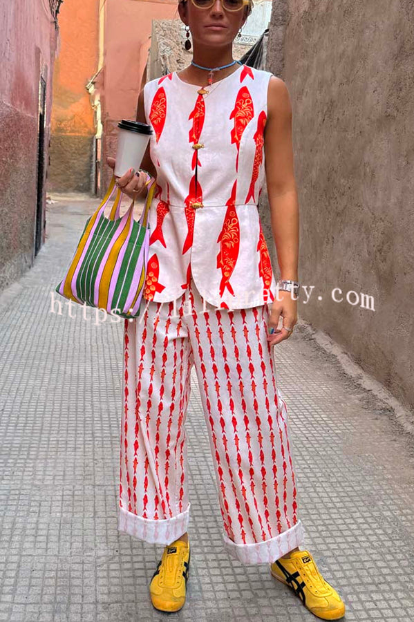 Good Luck Linen Blend Koi Pattern High Rise Elastic Waist Loose Pants