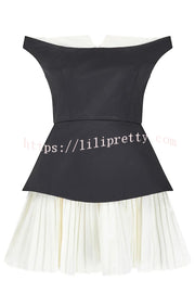 Love Unscripted Patchwork Off-shoulder Sleeveless Pleated Mini Dress