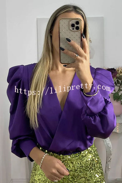 Perfectly Adored Satin Crossover Neckline Puff Sleeve Blouse
