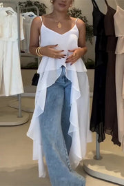 Solid Color V-neck Ruffled Irregular Loose Top