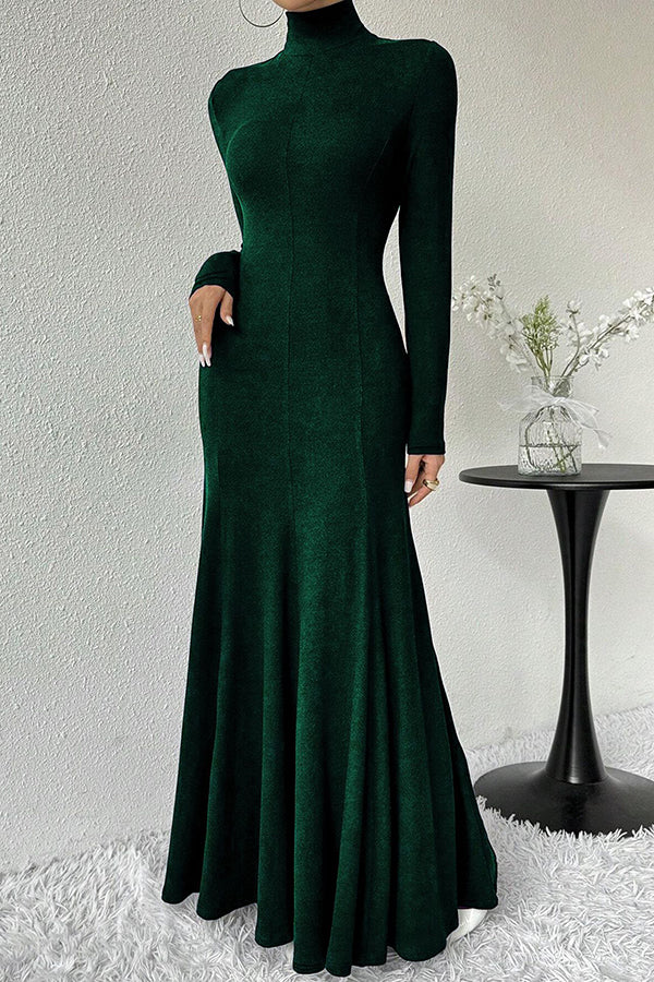 Solid Color High-neck Long-sleeved Slim-fit Fishtail Elegant Maxi Dress