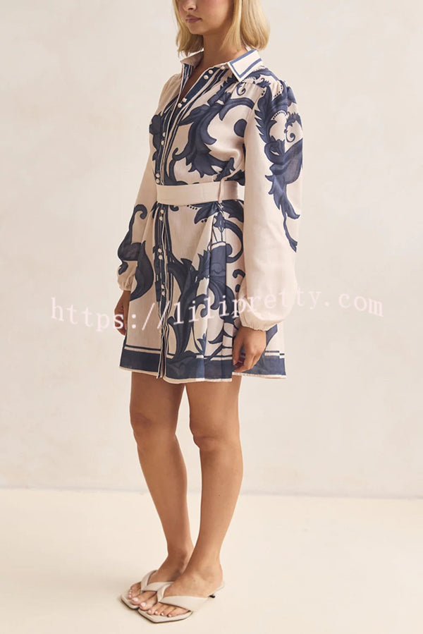 Botanical Print Lapel Puff Sleeve Vintage Belt Loose Mini Dress