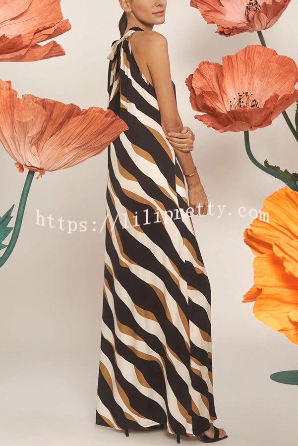 Uptown Cafe Satin Color Block Print Tie-up Neck Maxi Dress