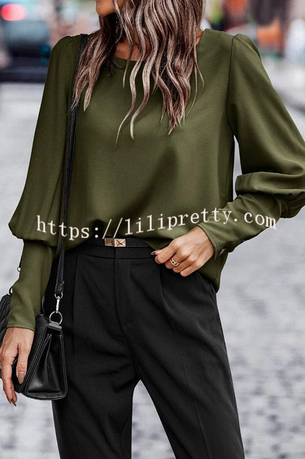 Lilipretty Long Sleeve Back Button Solid Color Casual Top