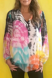 Fashionable Gradient Tie-dye V-neck Long-sleeved Casual Shirt