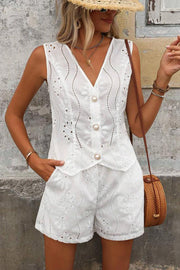Solid Color Embroidered V-neck Button Casual Vest and Loose Pocket Shorts Set