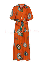 Linen Blend Unique Print Lapel Loose Tie Cardigan Maxi Dress