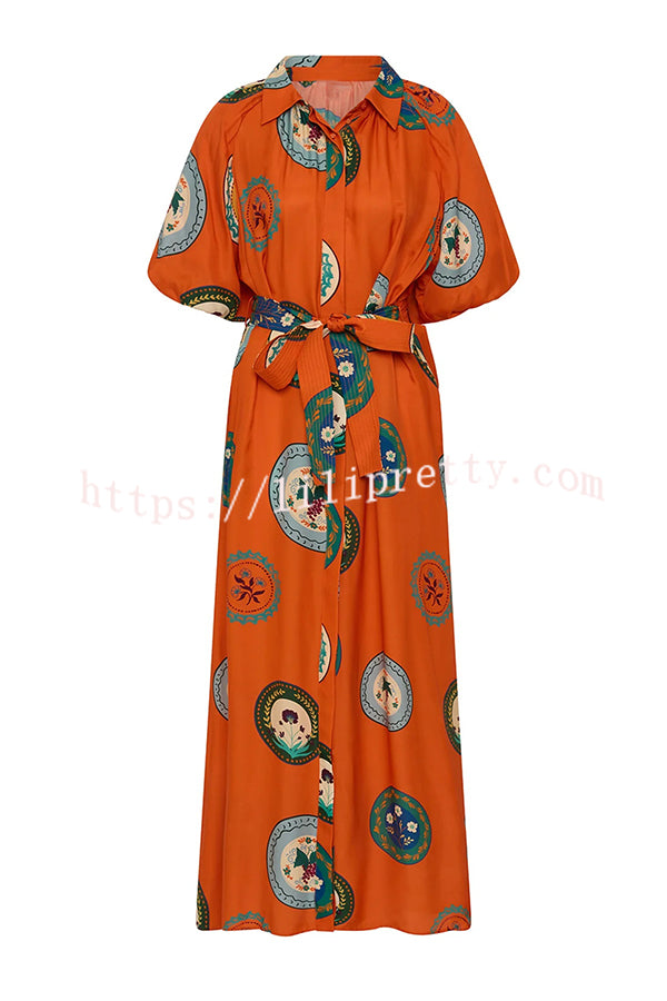 Linen Blend Unique Print Lapel Loose Tie Cardigan Maxi Dress