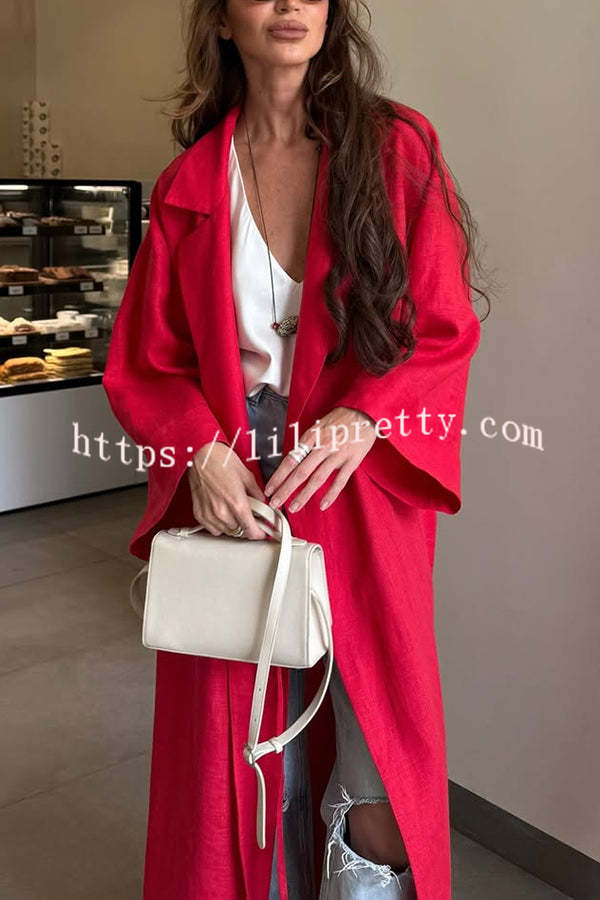 Linen Blend Solid Color Casual Lapel Tie Loose Maxi Dress