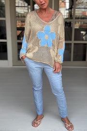 Embroidered Flower Hollow Long-sleeved Holiday Loose Knitted Top