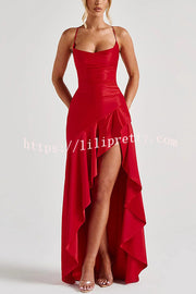 Solid Color Sexy Backless Lace-up Irregular Ruffled Maxi Dress