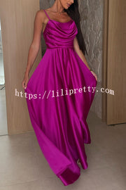 Solid Color Suspender Back Pleated Elegant Slit Full Hem Maxi Dress