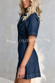 Street Chic Denim Shirt Neck Front Zip-up Stretch Mini Dress