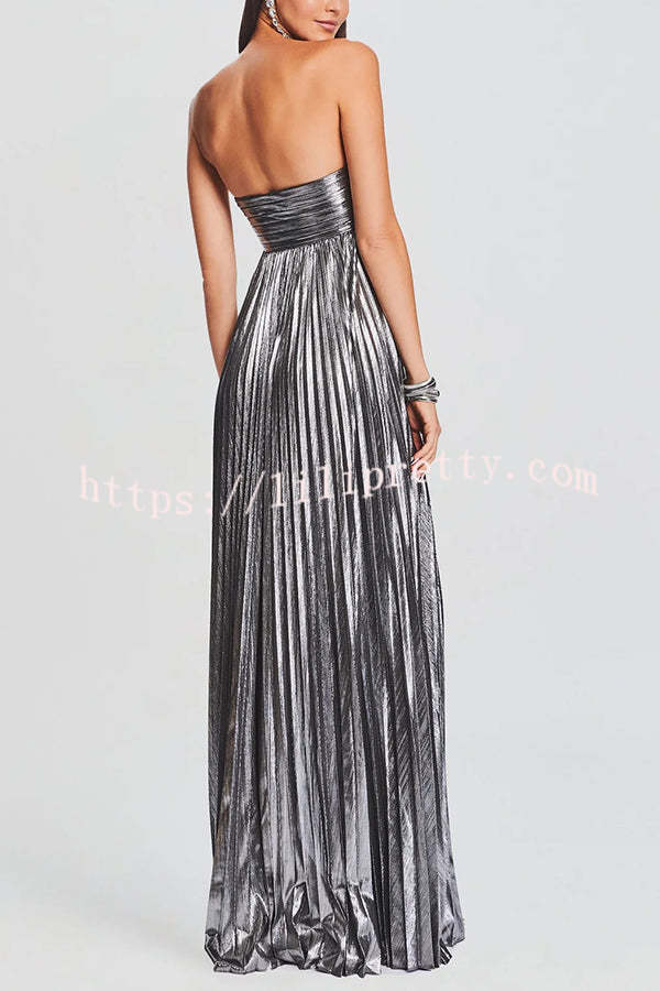 Metallic Sexy Tube Top Pleated High Slit Maxi Dress