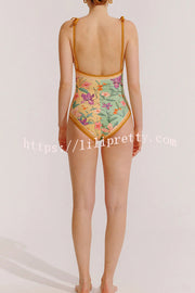 Lilipretty® Khloe Vintage Style Floral Color Block Printed Reversible Tie Shoulder Stretch One-piece Swimsuit