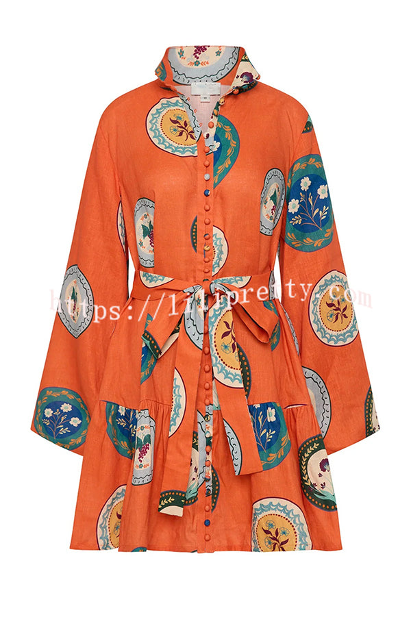 Linen Blend Unique Print Tie Waist Loose Mini Dress