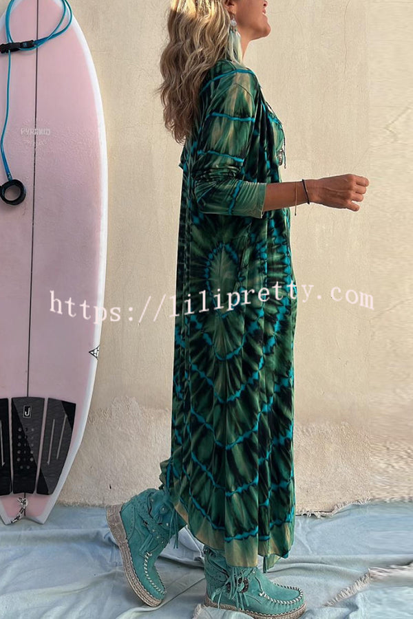 Lilipretty Suntan Smiles Tie Dye Print Open Front Long Sleeve Pocketed Kimono Cover-up