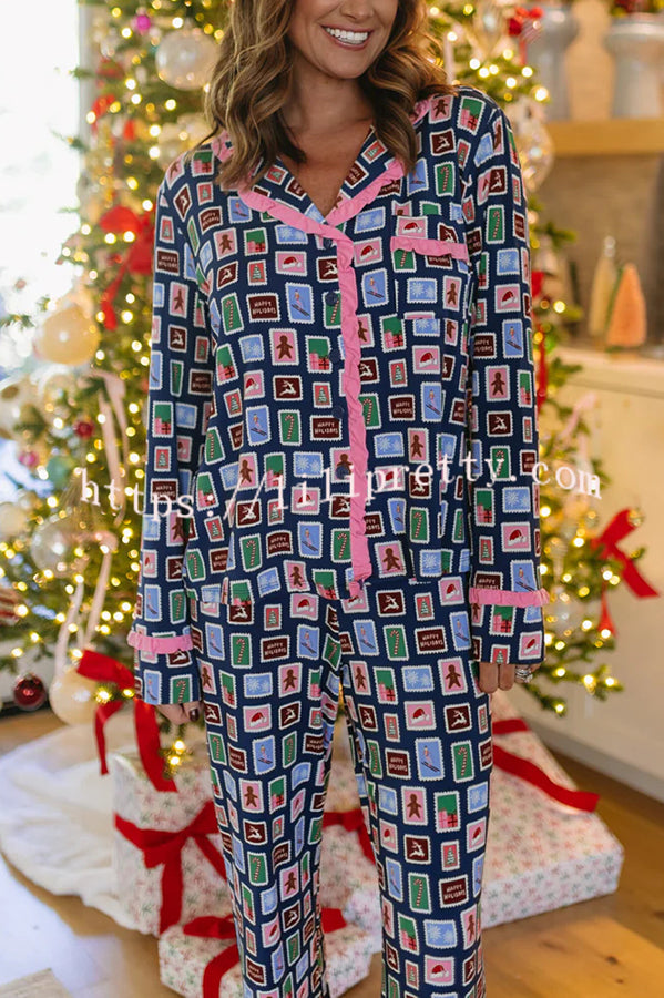 Postcards To Santa Unique Print Ruffles Trim Pocket Shirt and Elastic Waist Pajama Set