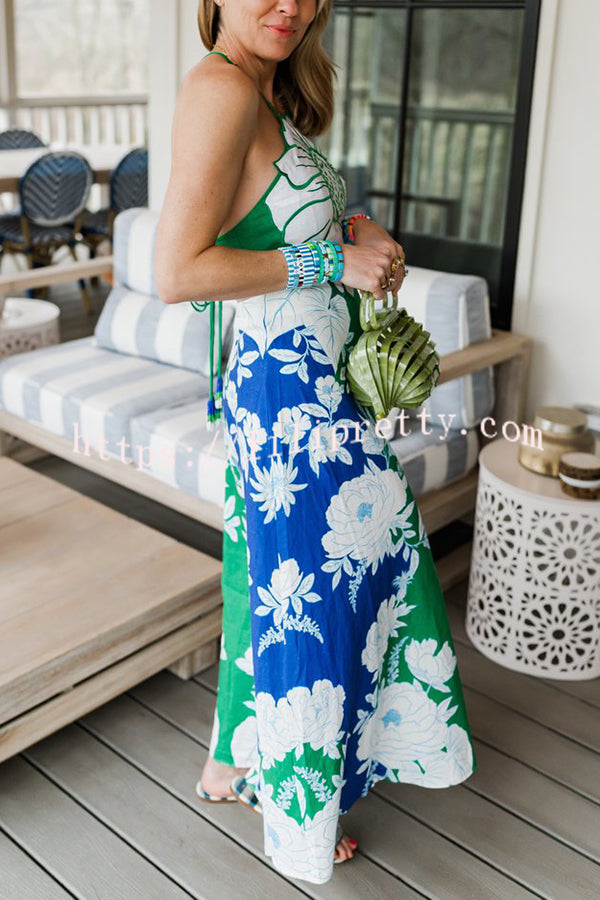 On Tropic Time Linen Blend Flower Detail Back Lace-up Halter Midi Dress