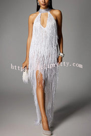 Glimmer Hour Shiny Layered Tassels Halter Cutout Neck Split Maxi Dress