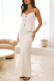 Solid Color Halter Button-Down Top and Elegant Fitted Maxi Skirt Set