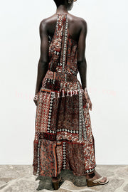 Ethnic Boho Colorblock Print Elastic Waist Resort Style Maxi Dress