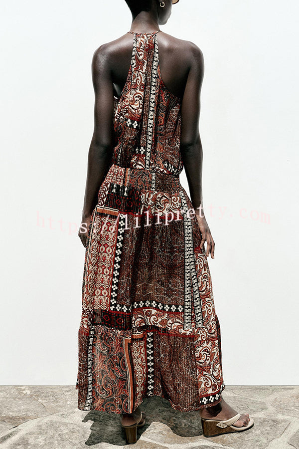 Ethnic Boho Colorblock Print Elastic Waist Resort Style Maxi Dress