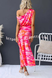 Satin Unique Print One Shoulder Tie Waist Slit Maxi Dress