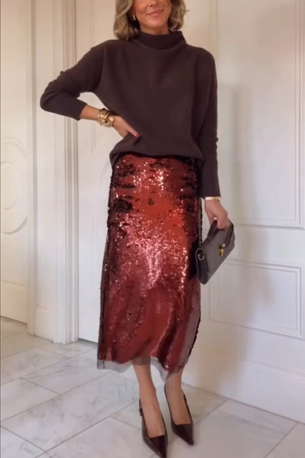 Upper East Chic Sequin Mesh Trim High Rise Slit Pencil Midi Skirt