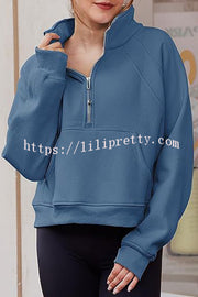 Stylish Patchwork Stand Collar Zippered Loose Pocket Sweatshirt