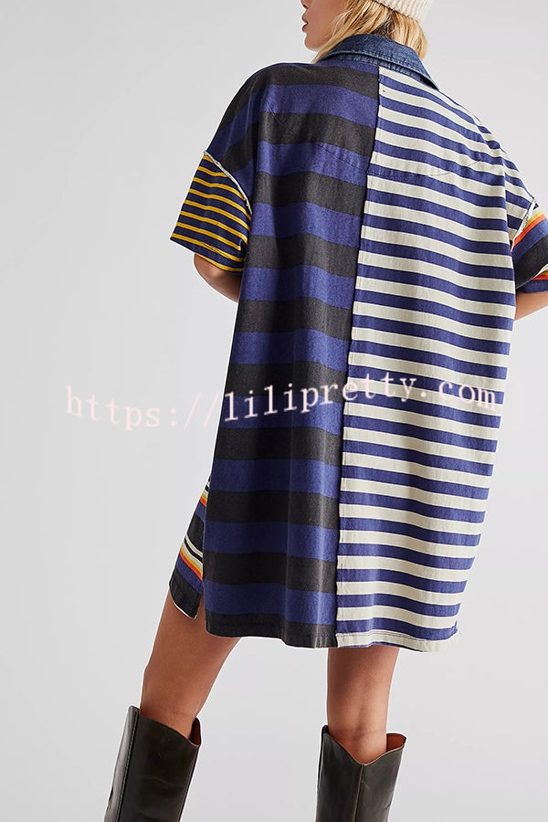 Contrast Striped Patchwork Denim Lapel Loose Casual Mini Dress