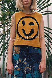 Always Happy Face Knit Unique Pattern Versatile Loose Tank Top