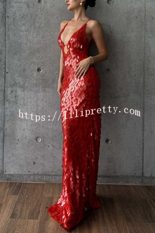 Reshape Beauty Fish Scale Sequin Cutout U-neck Slip Maxi Dress